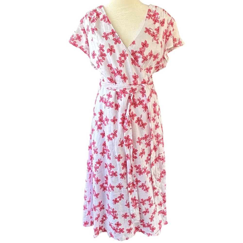Draper James Pink & White Floral Linen Wrap Midi Dress Women's 12 NWT Spring